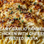 CREAMY GARLIC PARMESAN CHICKEN WITH CHEESY TWISTED PASTA centered hero view, clean and uncluttered