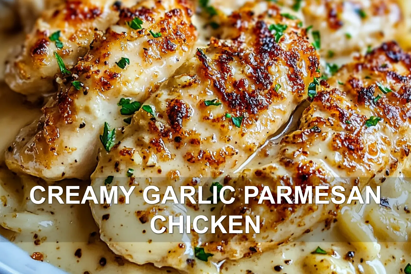 CREAMY GARLIC PARMESAN CHICKEN centered hero view, clean and uncluttered