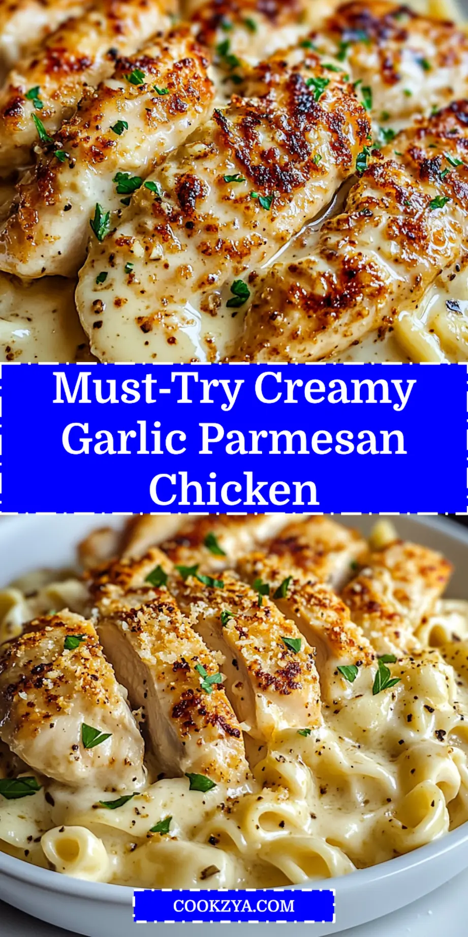 Overhead view of Creamy Garlic Parmesan Chicken served with pasta in a skillet, ready to be enjoyed.
