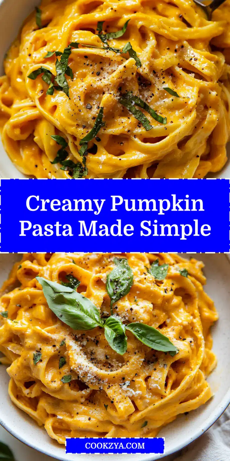 CREAMY PUMPKIN PASTA for Pinterest, top down view with garnishes and a rustic fall setting