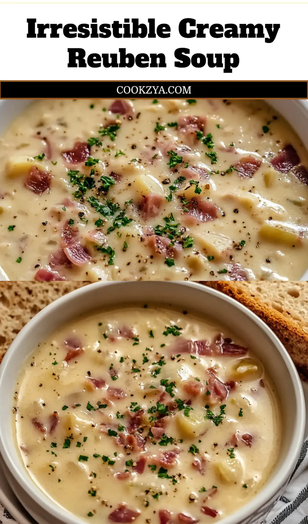 Creamy Reuben Soup served in a bowl, garnished with rye croutons and parsley, ready for a Pinterest share