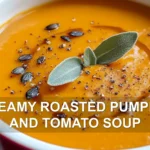 CREAMY ROASTED PUMPKIN AND TOMATO SOUP centered hero view, clean and uncluttered