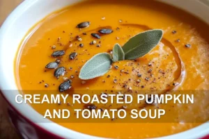 CREAMY ROASTED PUMPKIN AND TOMATO SOUP centered hero view, clean and uncluttered