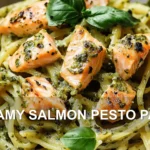CREAMY SALMON PESTO PASTA centered hero view, clean and uncluttered