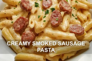 Creamy Smoked Sausage Pasta Easy Delicious Recipe CREAMY SMOKED SAUSAGE PASTA centered hero view, clean and uncluttered