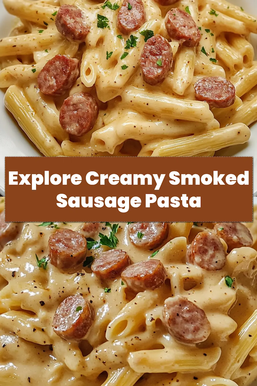 CREAMY SMOKED SAUSAGE PASTA centered hero view, clean and uncluttered_pin