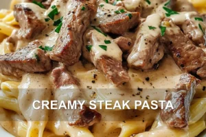 Creamy Steak Pasta: Easy and Irresistible Dinner Bliss CREAMY STEAK PASTA centered hero view, clean and uncluttered