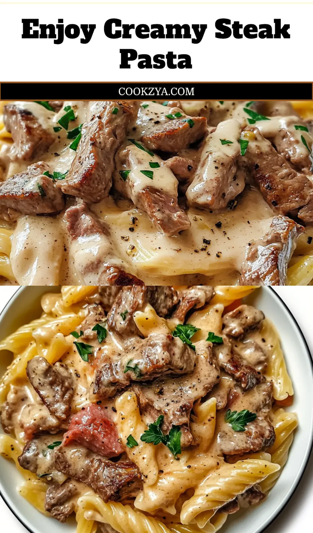 Creamy Steak Pasta: Easy and Irresistible Dinner Bliss 6 A close-up of Creamy Steak Pasta in a bowl, garnished with fresh parsley and grated Parmesan cheese, ready to serve.