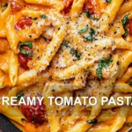 CREAMY TOMATO PASTA centered hero view, clean and uncluttered