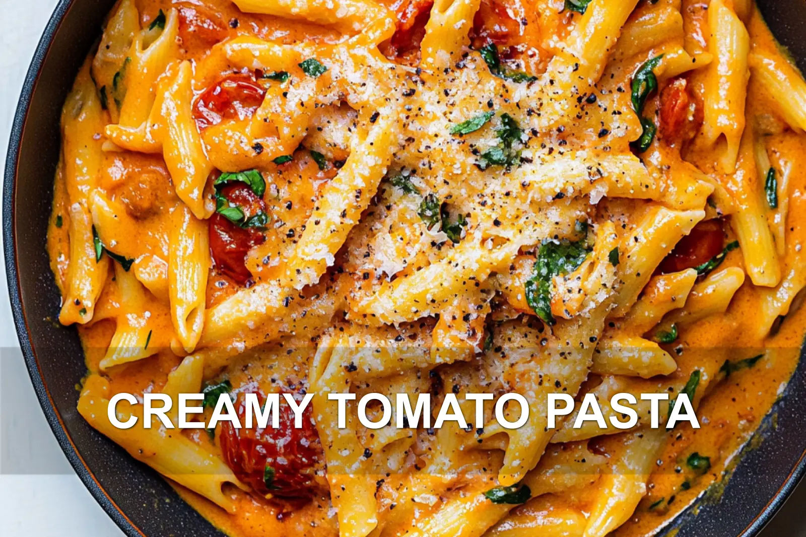 CREAMY TOMATO PASTA centered hero view, clean and uncluttered