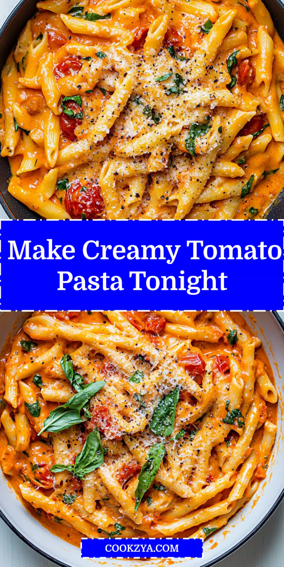 Pinterest graphic for Creamy Tomato Pasta: close-up of pasta with text 'Creamy Tomato Pasta' and website logo.