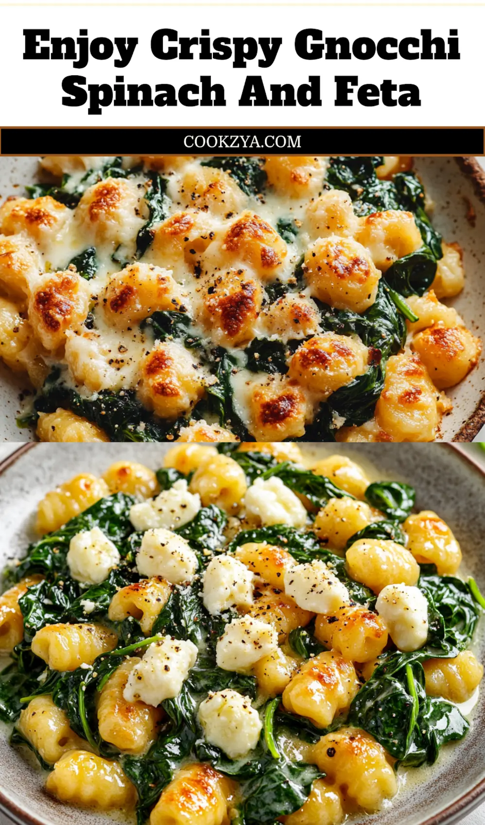 CRISPY GNOCCHI SPINACH AND FETA centered hero view, clean and uncluttered_pin