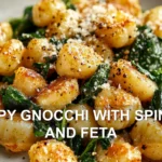 CRISPY GNOCCHI WITH SPINACH AND FETA centered hero view, clean and uncluttered