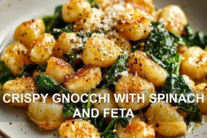 Crispy Gnocchi With Spinach And Feta: Easy Tantalizing Recipe CRISPY GNOCCHI WITH SPINACH AND FETA centered hero view, clean and uncluttered