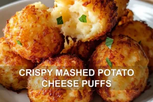 Crispy Mashed Potato Cheese Puffs for a Delicious Treat CRISPY MASHED POTATO CHEESE PUFFS centered hero view, clean and uncluttered