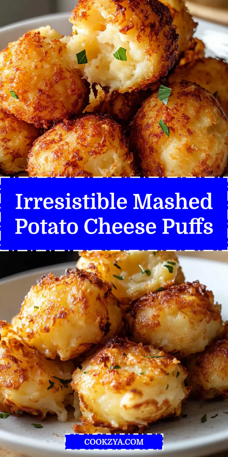 Close-up of golden brown Crispy Mashed Potato Cheese Puffs served on a plate, ready to eat