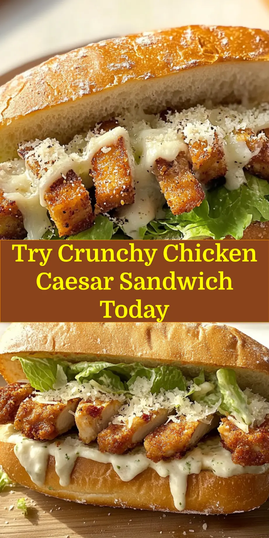 Close-up of a Crunchy Chicken Caesar Sandwich, featuring a golden fried chicken cutlet and fresh romaine on a toasted bun