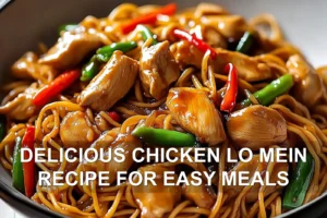 Delicious Chicken Lo Mein Recipe Quick Easy Meal DELICIOUS CHICKEN LO MEIN RECIPE FOR EASY MEALS centered hero view, clean and uncluttered