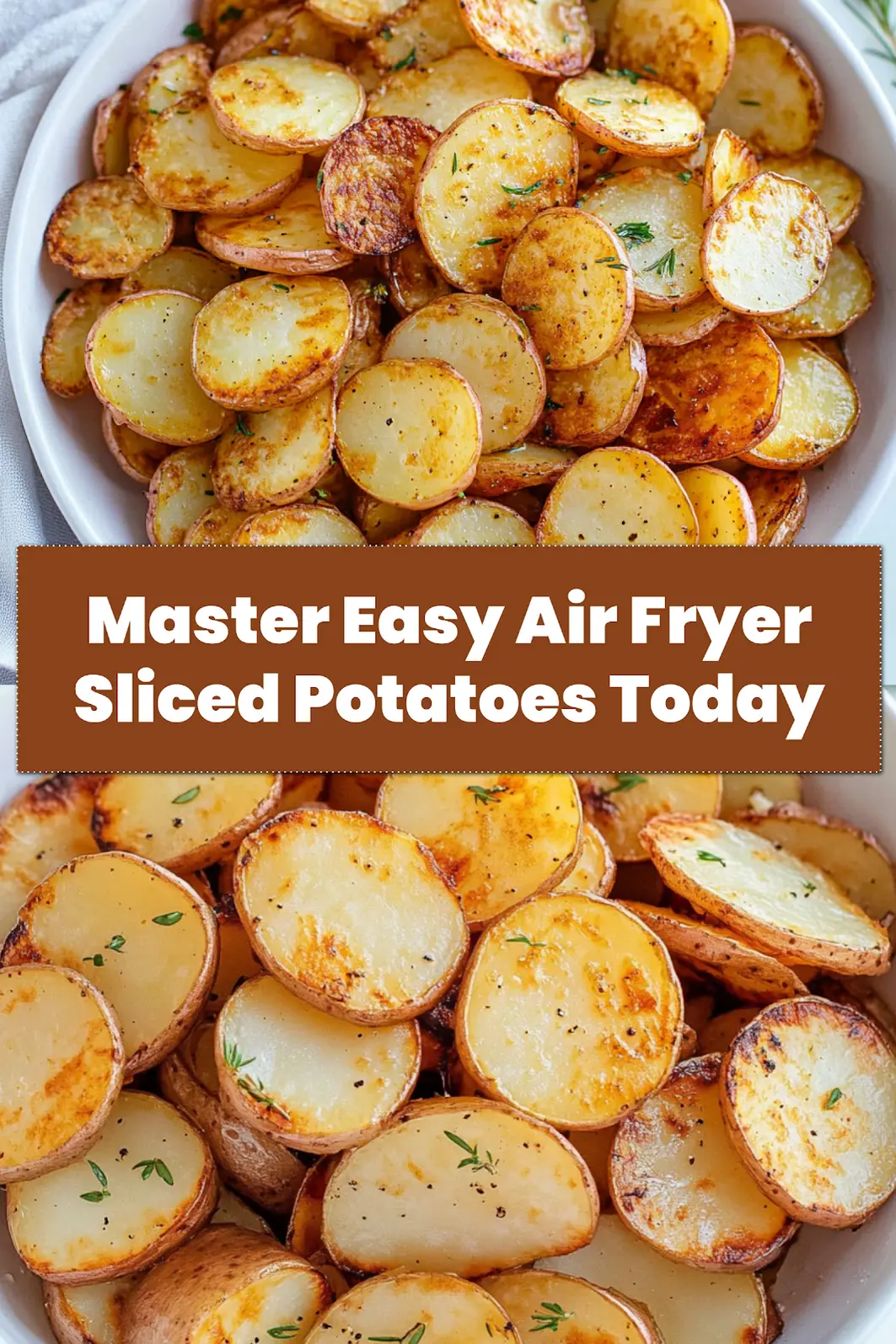 Easy Air Fryer Sliced Potatoes Crispy Delight Recipe 7 Pinterest pin image for easy air fryer sliced potatoes, showing a close-up of golden, crispy potato slices