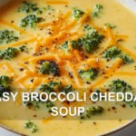 EASY BROCCOLI CHEDDAR SOUP centered hero view, clean and uncluttered
