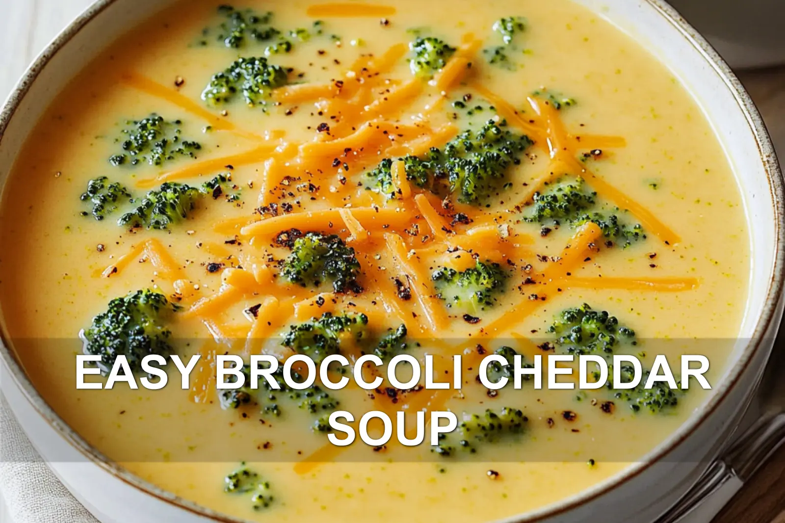 EASY BROCCOLI CHEDDAR SOUP centered hero view, clean and uncluttered