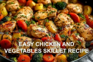 EASY CHICKEN AND VEGETABLES SKILLET RECIPE centered hero view, clean and uncluttered