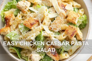 Easy Chicken Caesar Pasta Salad Recipe Youll Love EASY CHICKEN CAESAR PASTA SALAD centered hero view, clean and uncluttered