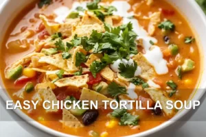 Easy Chicken Tortilla Soup: Delicious Simple Recipe EASY CHICKEN TORTILLA SOUP centered hero view, clean and uncluttered