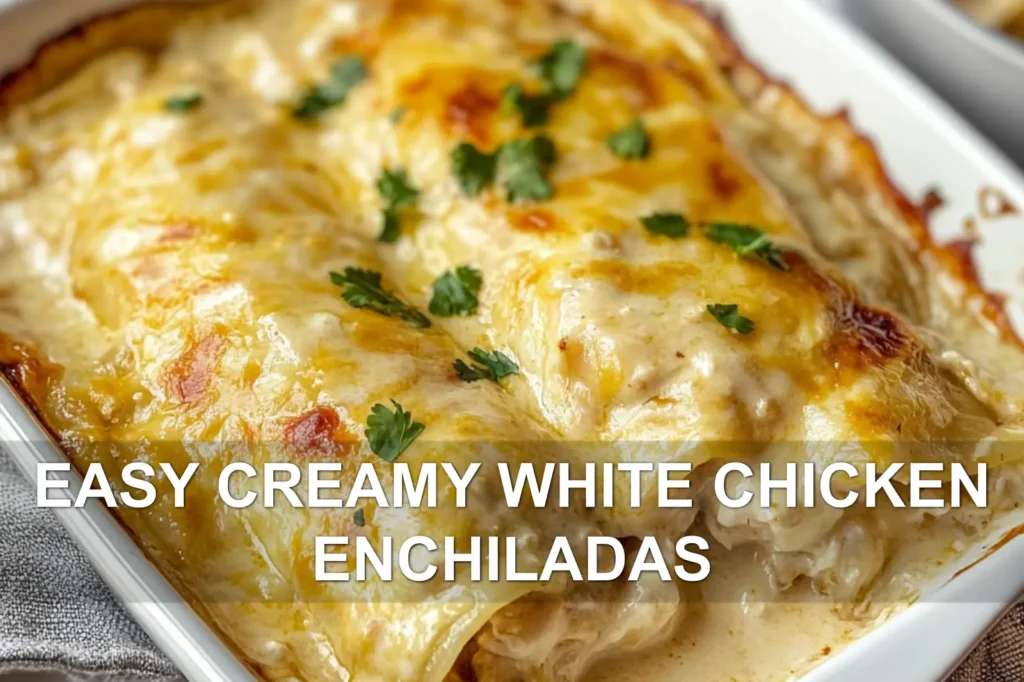 EASY CREAMY WHITE CHICKEN ENCHILADAS centered hero view, clean and uncluttered