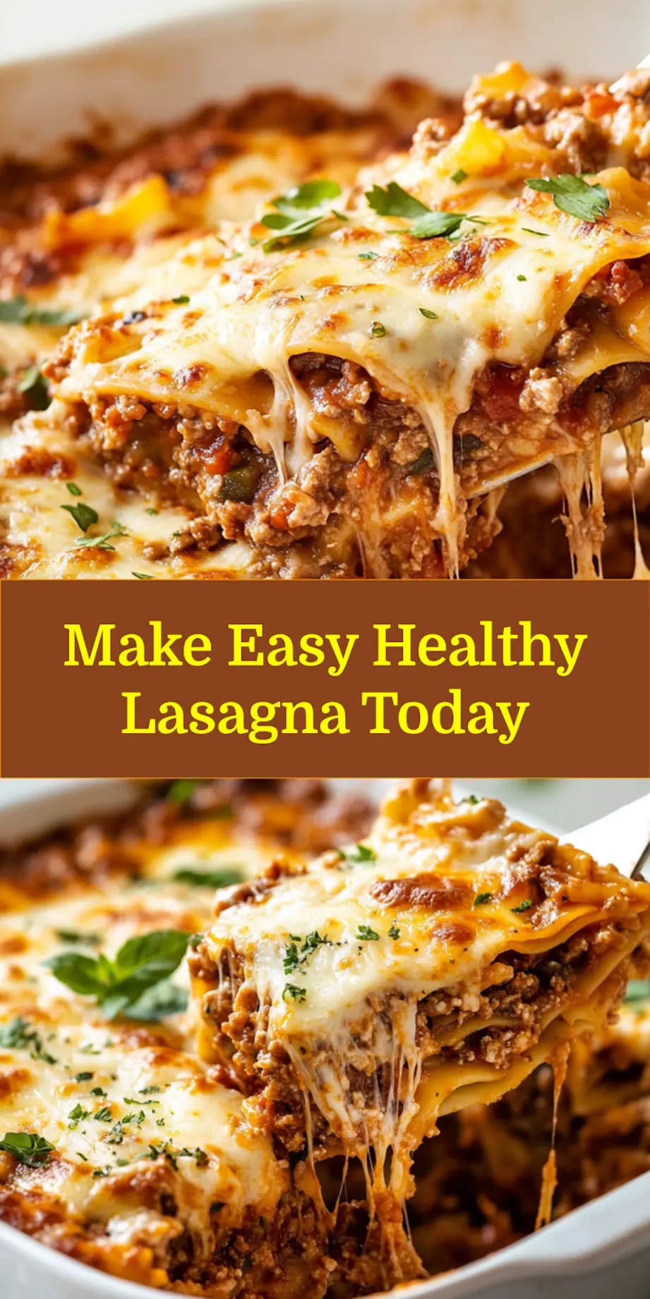 Baked Easy Healthy Lasagna, golden brown and bubbling, ready to serve with fresh basil garnish