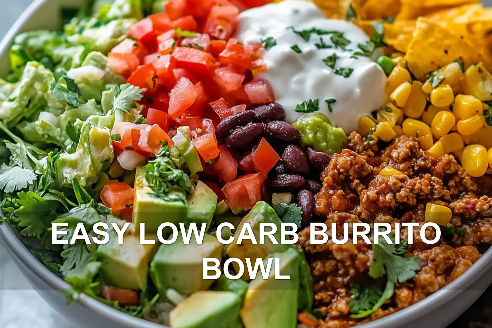 EASY LOW CARB BURRITO BOWL centered hero view, clean and uncluttered