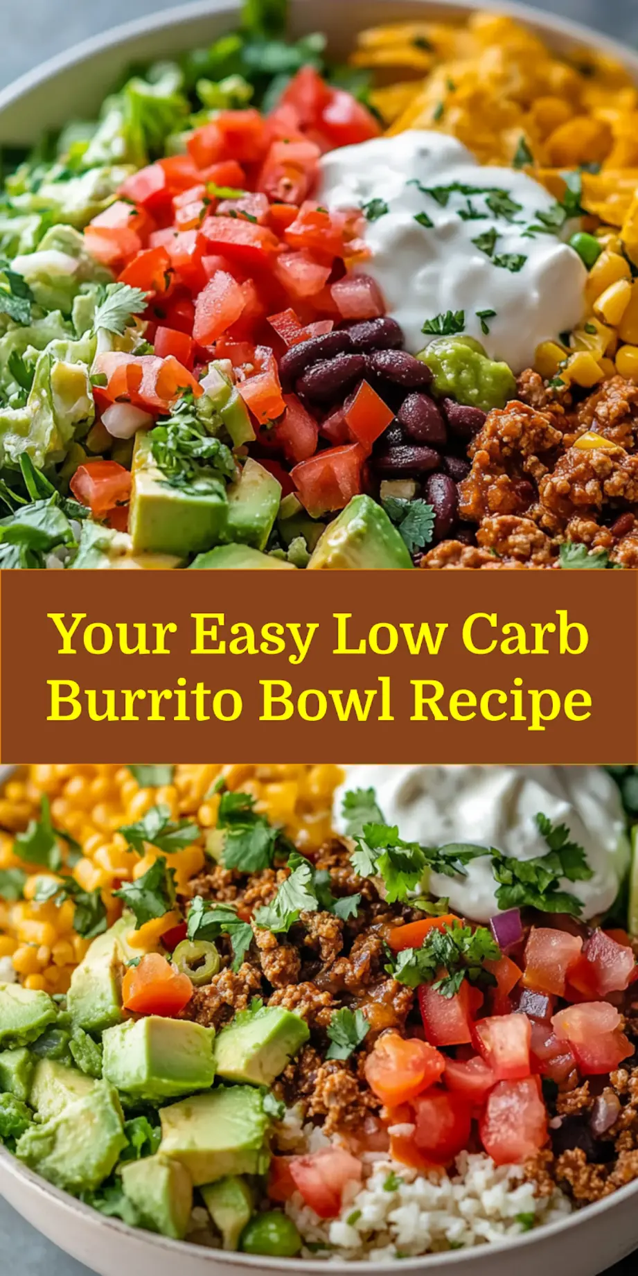 Overhead shot of a vibrant Easy Low Carb Burrito Bowl for Pinterest, featuring seasoned ground beef, cauliflower rice, and fresh toppings.
