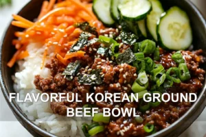 FLAVORFUL KOREAN GROUND BEEF BOWL centered hero view, clean and uncluttered