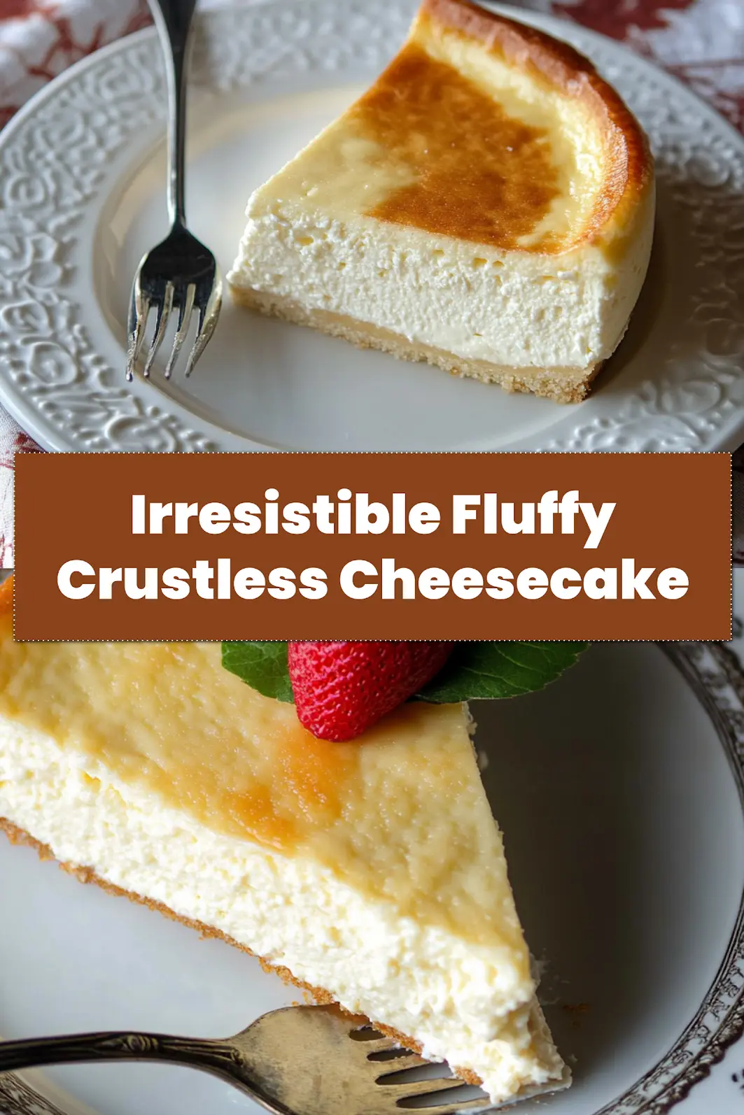 A close-up of a generously sliced fluffy crustless cheesecake, showcasing its smooth, creamy texture and light golden top.