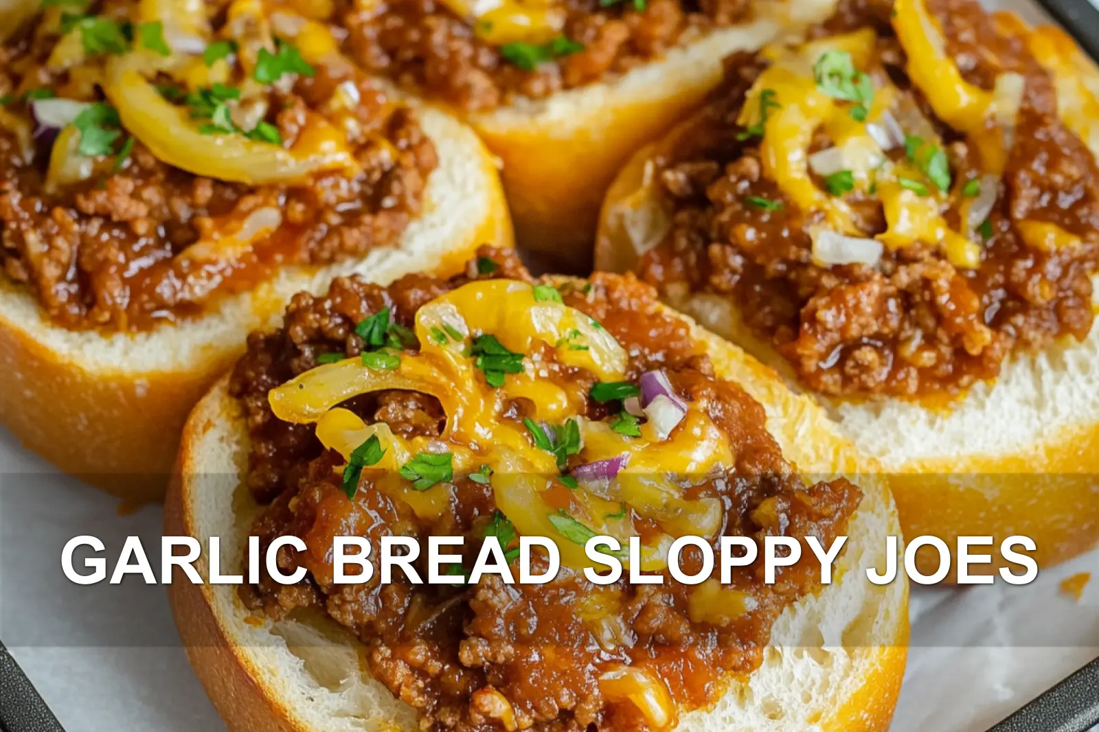 GARLIC BREAD SLOPPY JOES centered hero view, clean and uncluttered