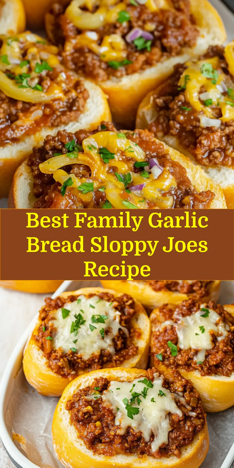 A close-up shot of a Garlic Bread Sloppy Joe, showing the melty cheese and savory filling, ready to be pinned.