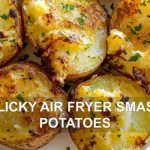 GARLICKY AIR FRYER SMASHED POTATOES centered hero view, clean and uncluttered