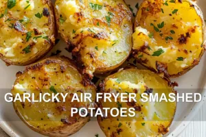 GARLICKY AIR FRYER SMASHED POTATOES centered hero view, clean and uncluttered