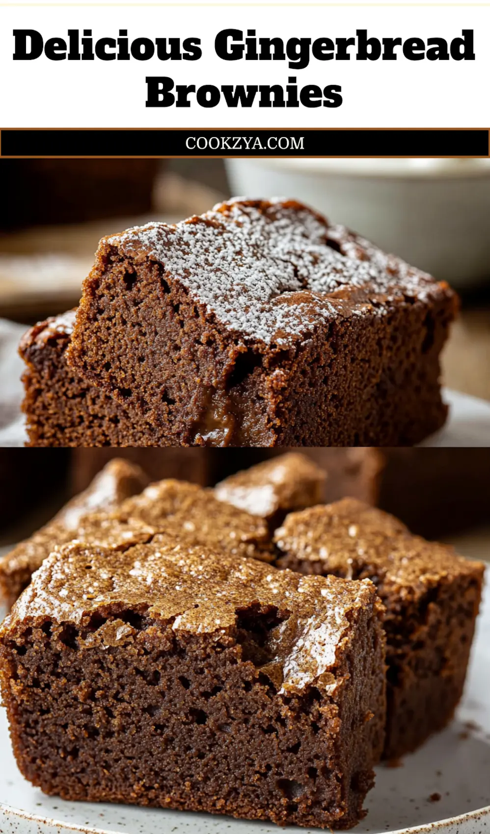 Gingerbread Brownies: Cozy Holiday Recipe You Need 6 Close-up of freshly baked, chewy Gingerbread Brownies dusted with powdered sugar, arranged on a festive holiday plate, ready for a Pinterest pin.