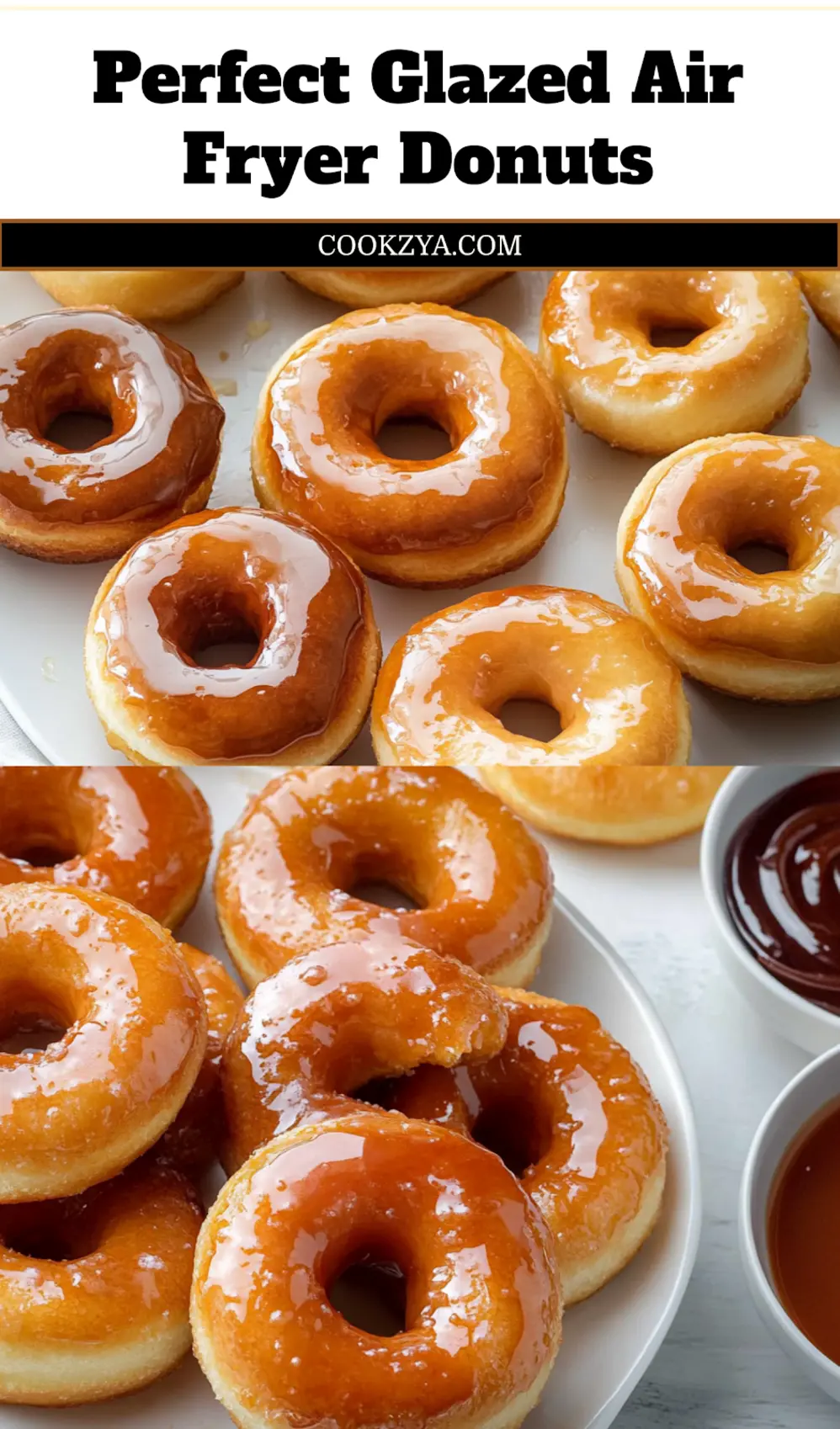 Overhead shot of freshly air-fried donuts with a shiny vanilla glaze, perfect for a Pinterest recipe pin.