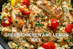 Greek Chicken and Lemon Rice: Easy and Delicious Dinner GREEK CHICKEN AND LEMON RICE centered hero view, clean and uncluttered