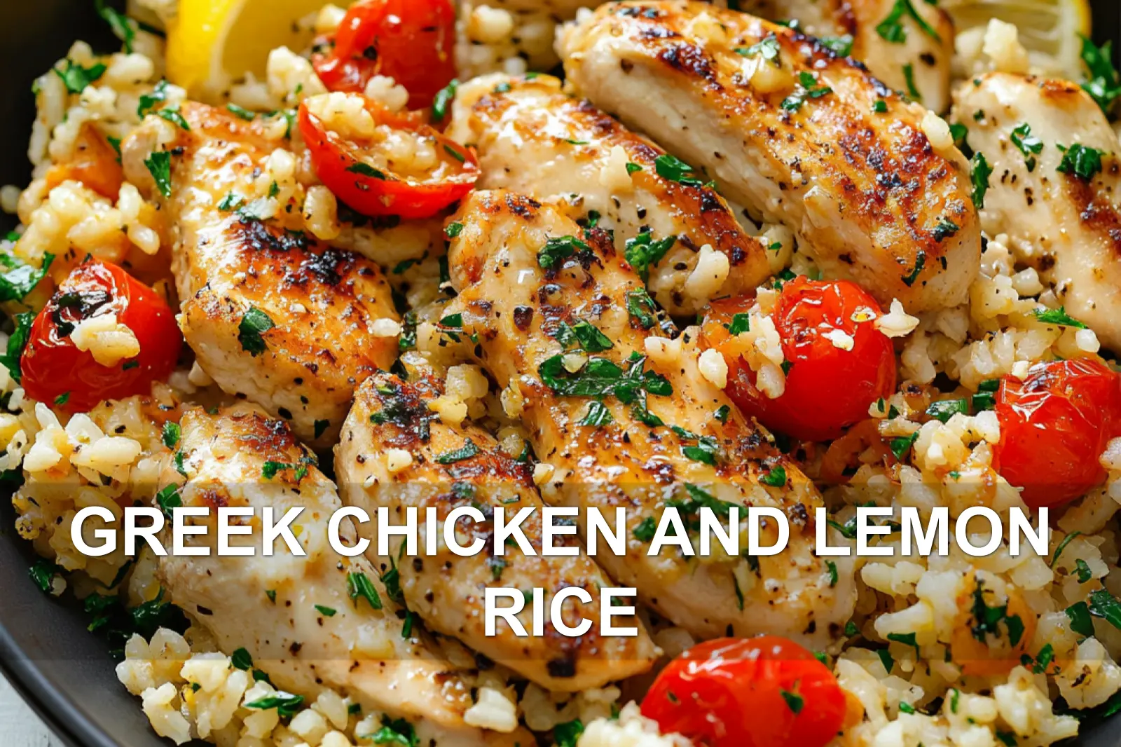 GREEK CHICKEN AND LEMON RICE centered hero view, clean and uncluttered