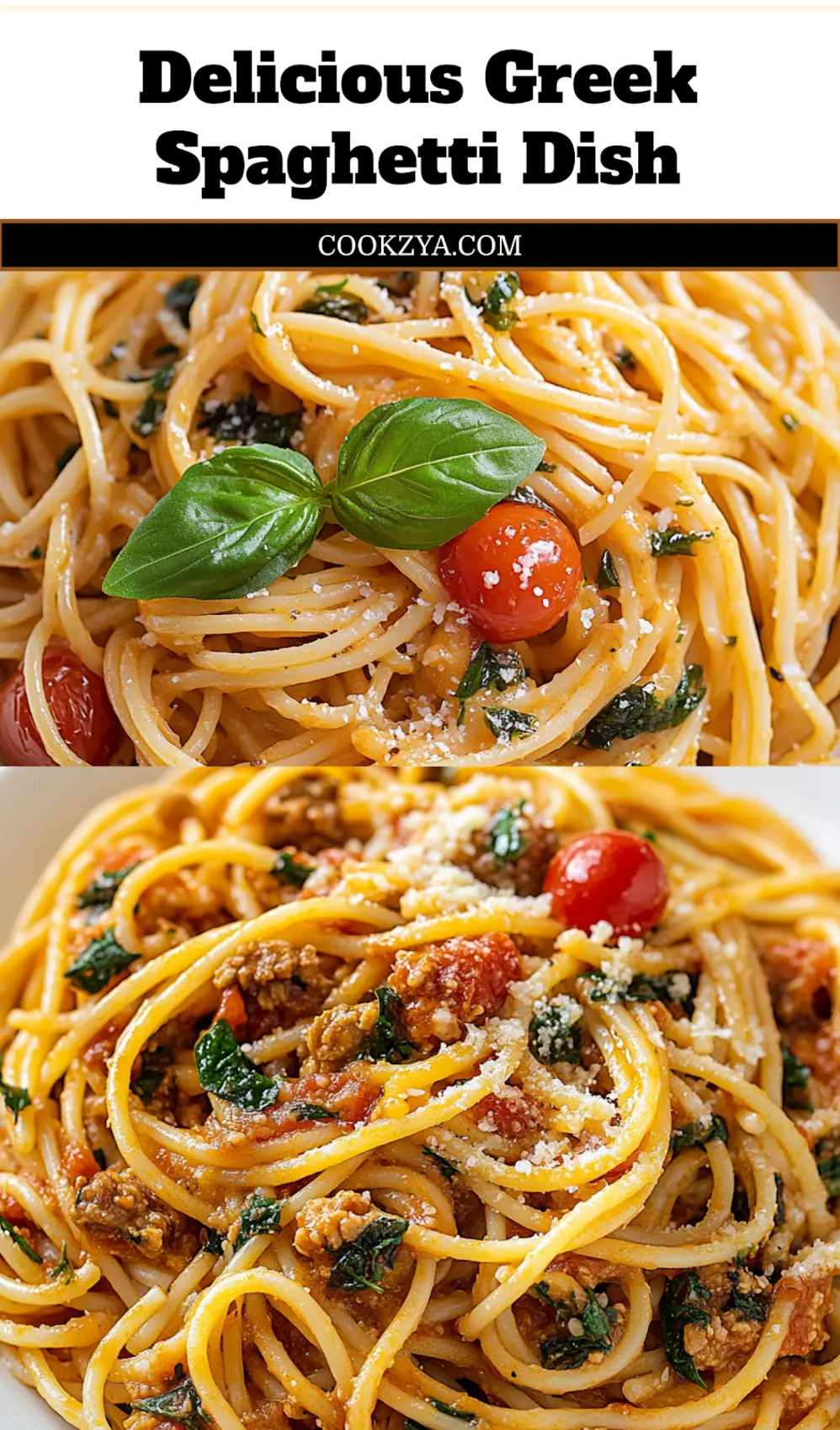 Greek Spaghetti Recipe - Delicious and Easy Dinner 7 Vibrant Greek Spaghetti in a bowl, garnished with fresh basil leaves, ready to be served