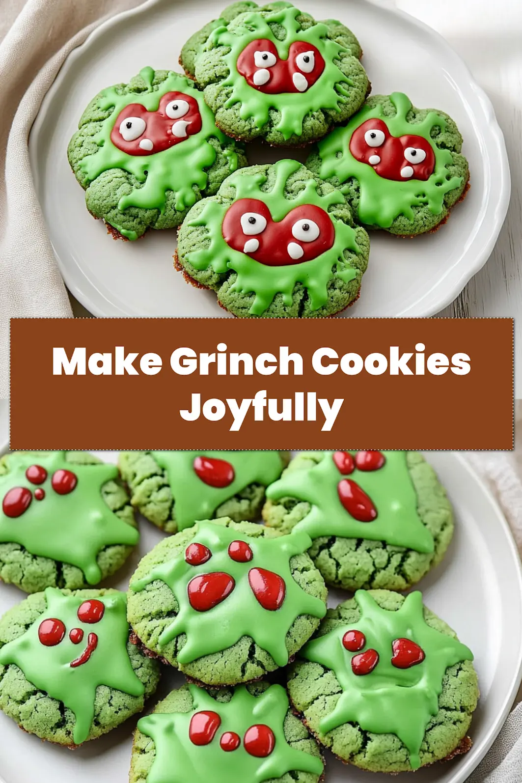 A close-up of a festive Grinch Cookie with a prominent red gumdrop heart, perfect for holiday pinboards.