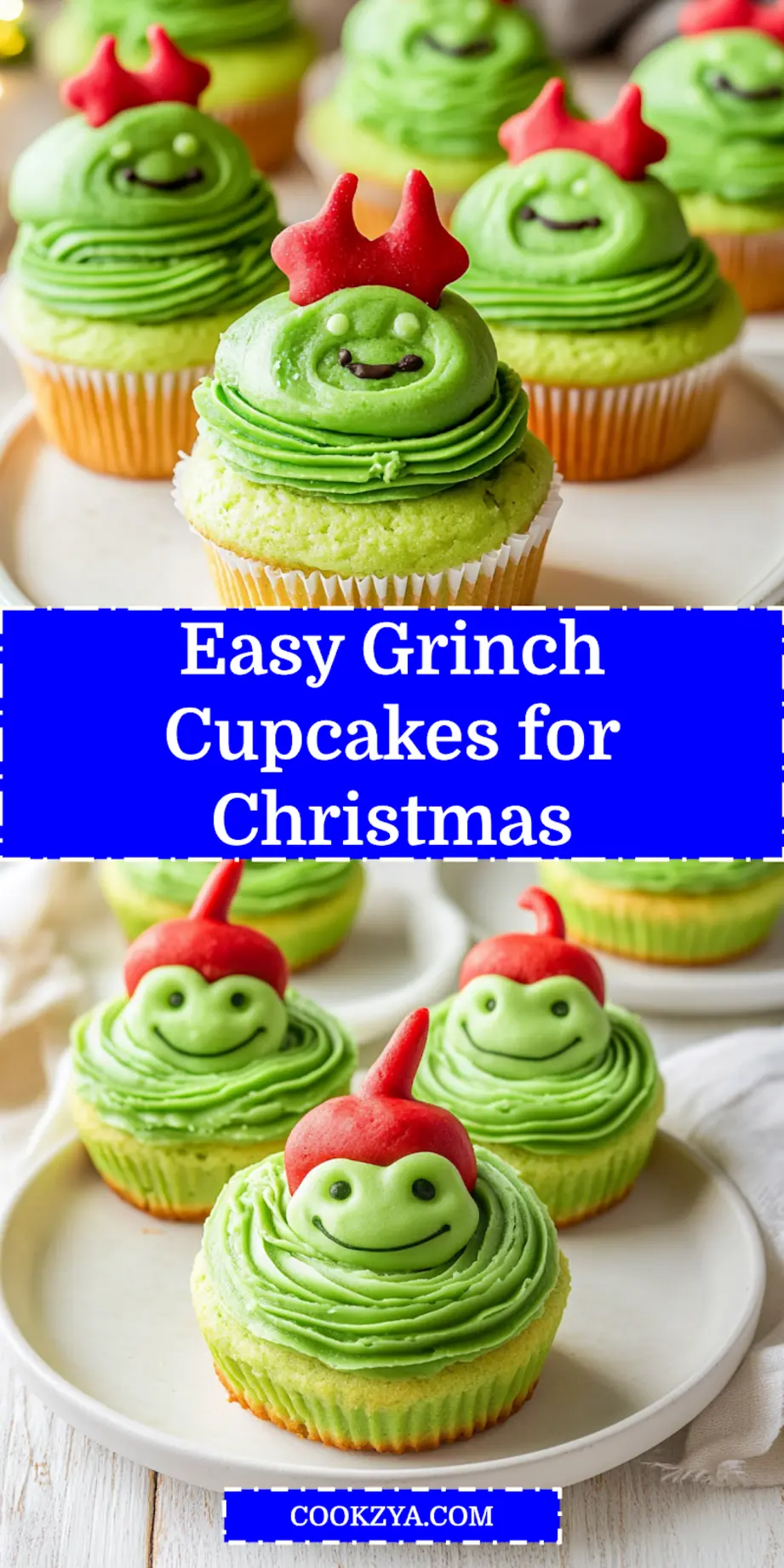 Vibrant Grinch Cupcakes for Christmas, decorated with green frosting and Santa hats, ideal for holiday baking and Pinterest sharing.