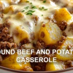 GROUND BEEF AND POTATOES CASSEROLE centered hero view, clean and uncluttered