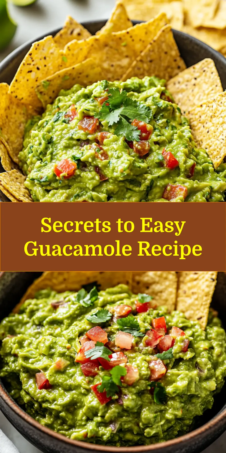 Overhead shot of freshly made chunky guacamole in a rustic bowl, surrounded by whole avocados, lime wedges, cilantro, and red onion, perfect for pinning.
