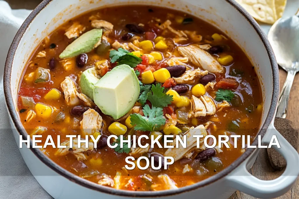 HEALTHY CHICKEN TORTILLA SOUP centered hero view, clean and uncluttered