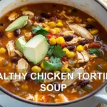 HEALTHY CHICKEN TORTILLA SOUP centered hero view, clean and uncluttered