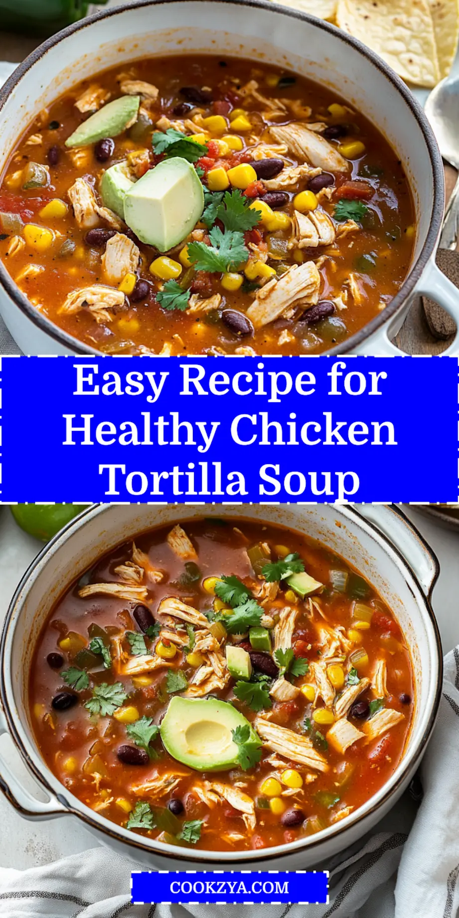 Healthy Chicken Tortilla Soup: Quick Simple Recipe 6 HEALTHY CHICKEN TORTILLA SOUP centered hero view, clean and uncluttered_pin